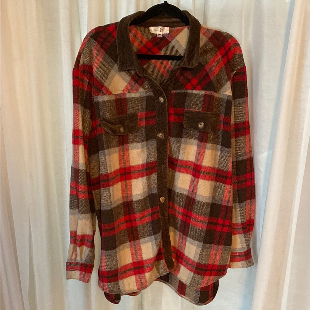 Red and Brown Plaid Wool-Blend Jacket for Outdoor Adventures
